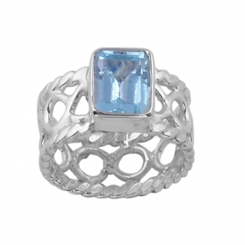 Pure silver unique band blue topaz gemstone silver ring